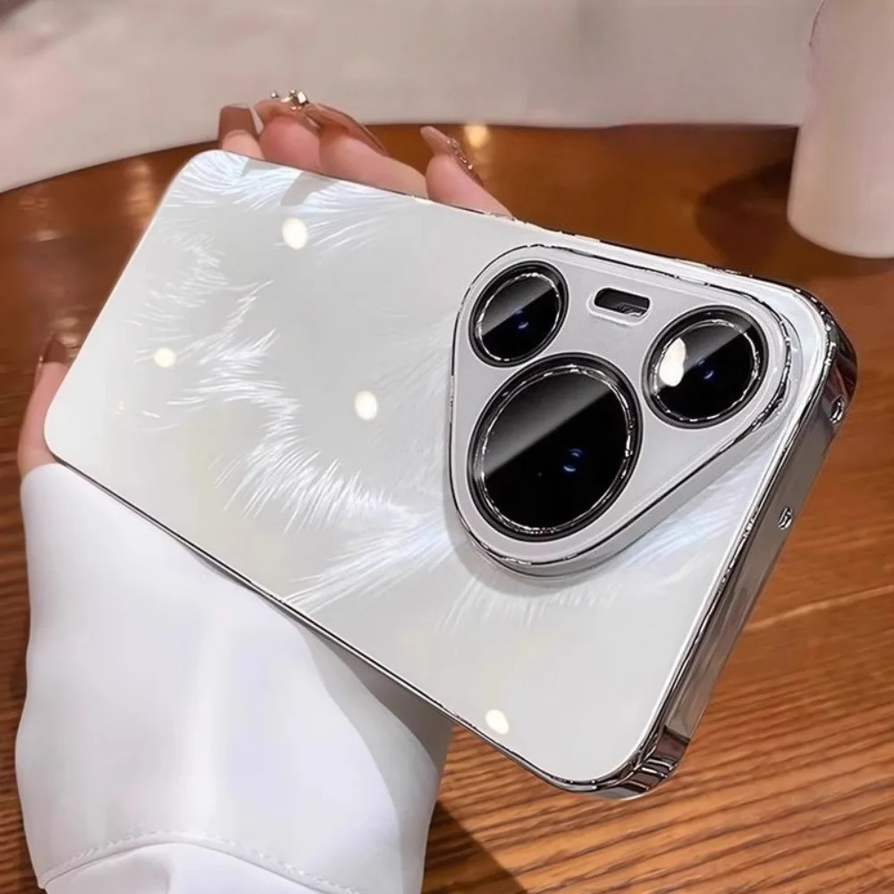 

Чехол для телефона с перьевым узором и линзой для Huawei Pura80Ultra Pura70Pro, простой роскошный защитный чехол с мягким краем