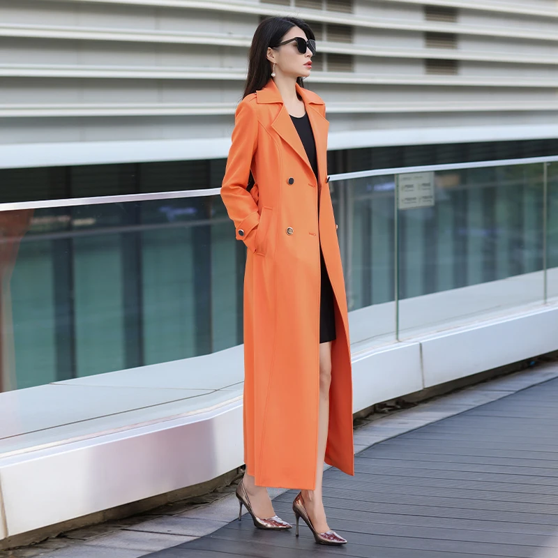 Orange-roter langer Mantel für Damen, zweireihiger Trenchcoat mit Anzugkragen, hochwertige, elegante Slim-Fit-Windjacke, schick und vielseitig