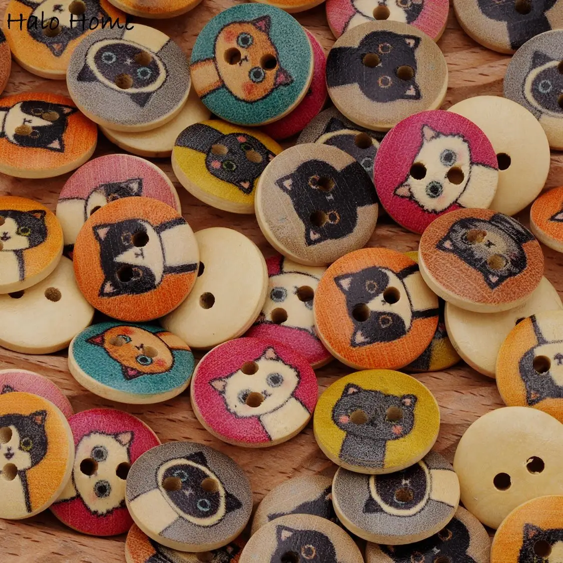 50PCS Adorable Cat Print Wooden Buttons, Colorful Patterns, for DIY Sewing, Clothing Decoration & Craft Projects 15mm