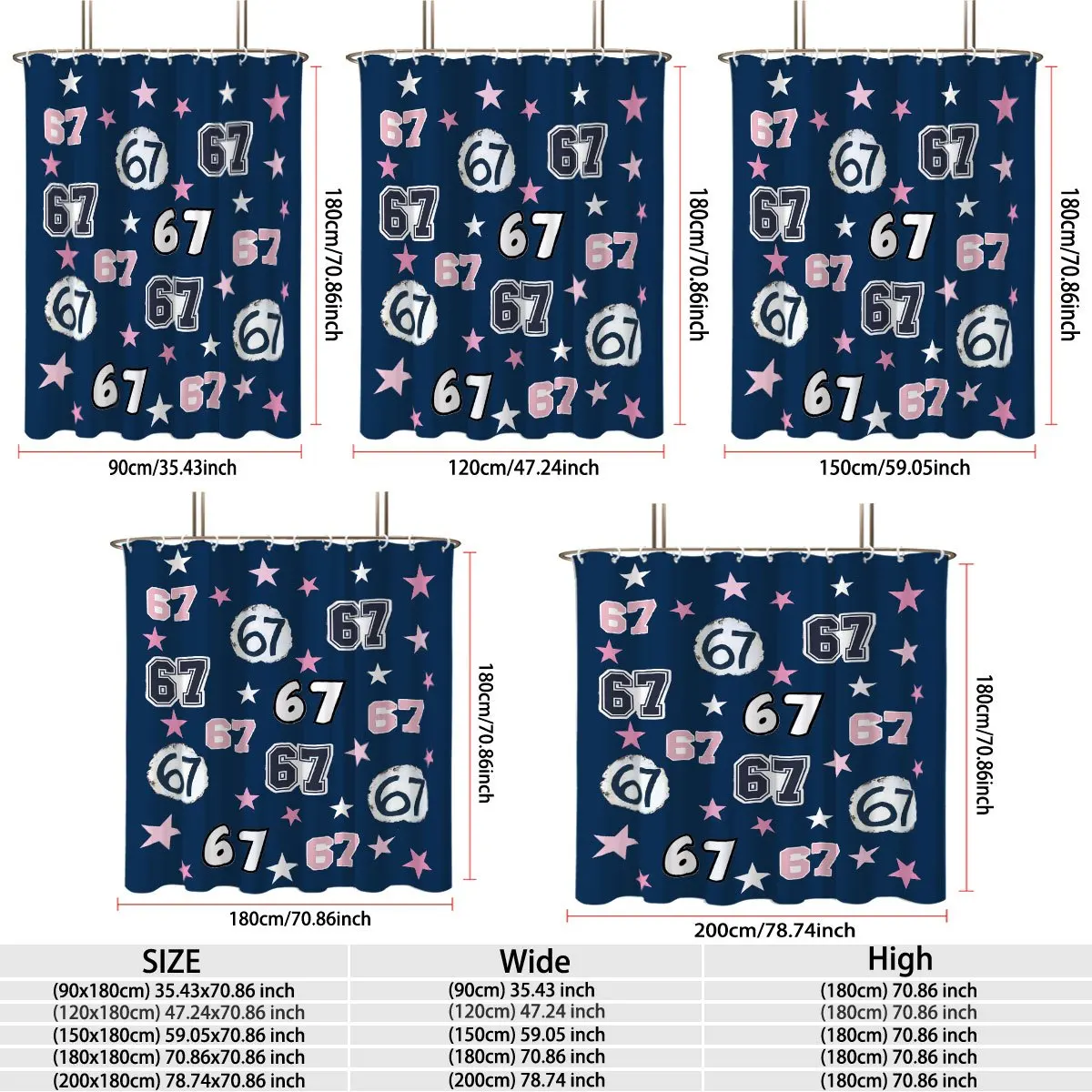 Navy Blue Base Number 67 With Pink White Stars Print Bath curtain, Cozy Soft Warm  for Bedroom Living Room