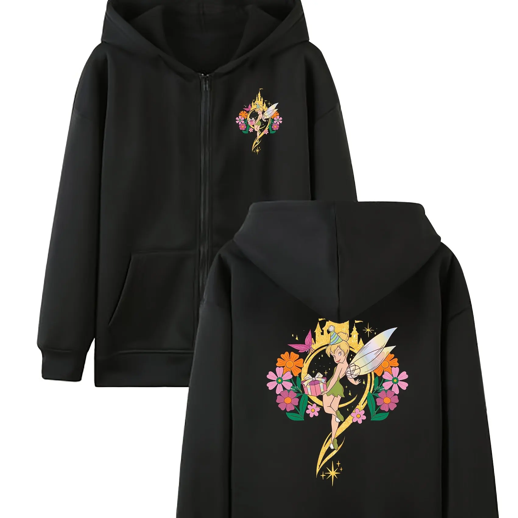 

Женская повседневная осенне-зимняя толстовка с принтом Disney Series Peter Pan Magic Tinker Bell, куртка-толстовка на молнии