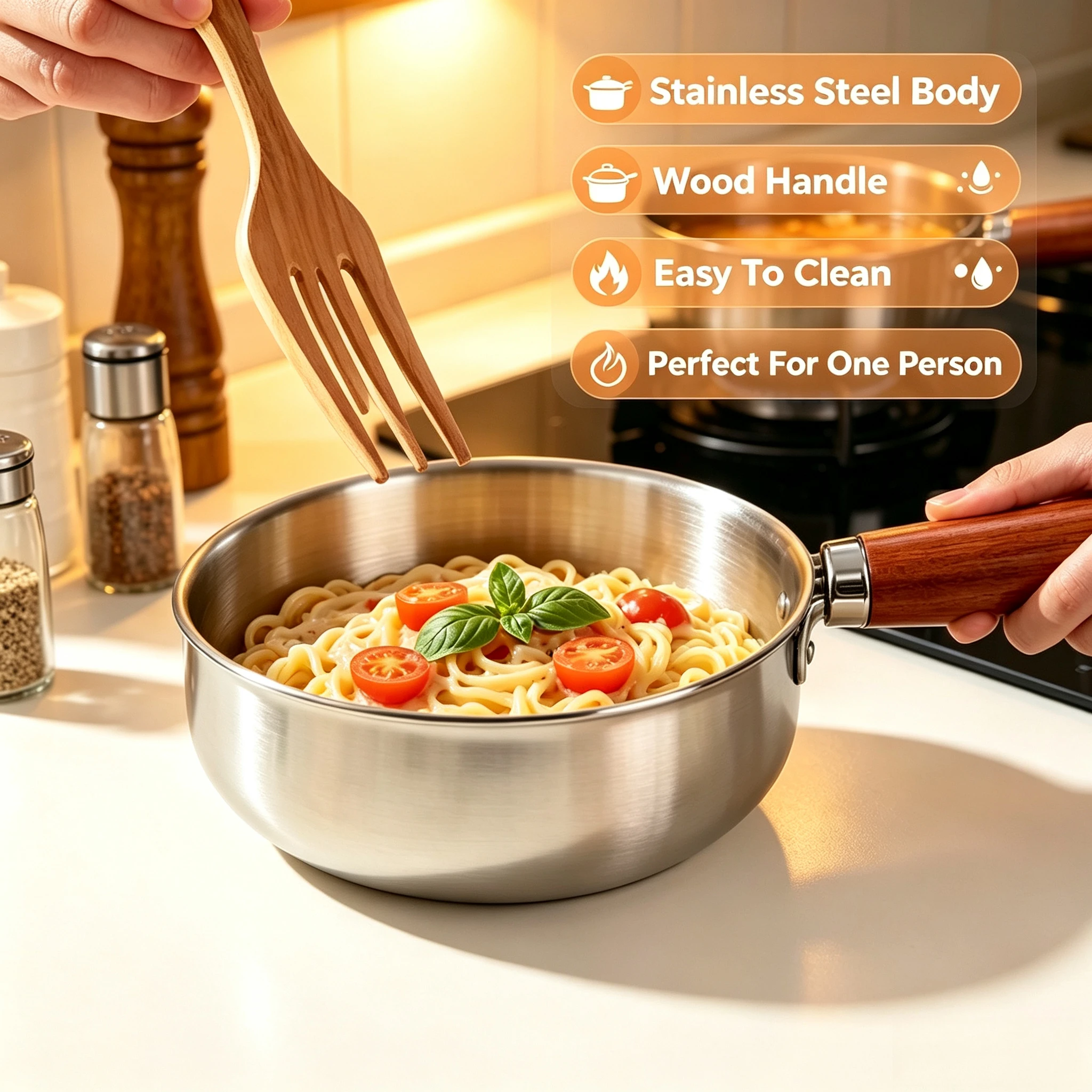 1pc Stainless Steel Milk Pot , Induction Saucepan with Wood Handle, Non-Slip Base Even Heat Cookware for Kitchen, Instant Pot