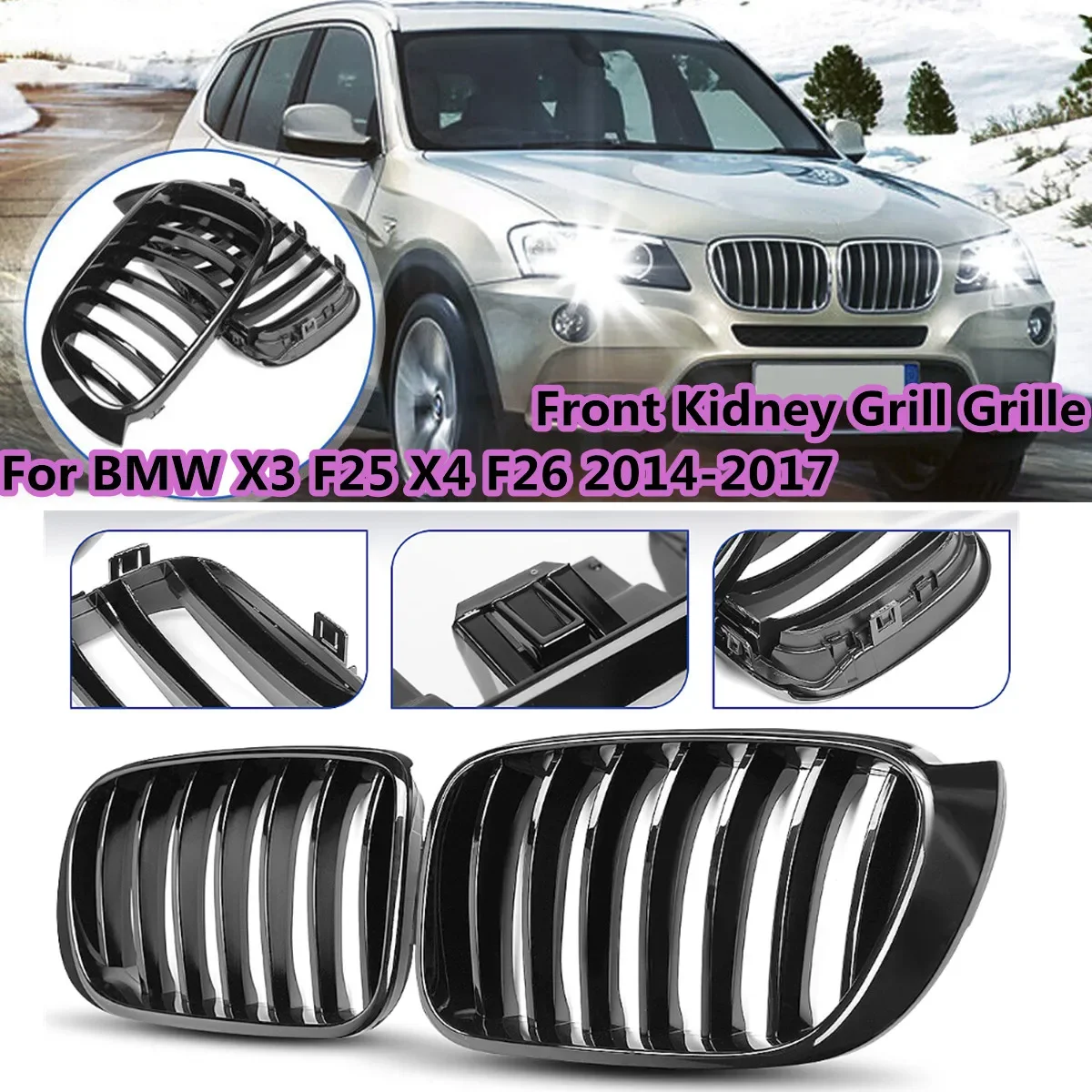 Car Sport Kidney Grill dianteiro para BMW, brilhante ou fosco, substituição de slat único, Racing Bumper Grills, BMW X3 F25 X4 F26 2014-2017