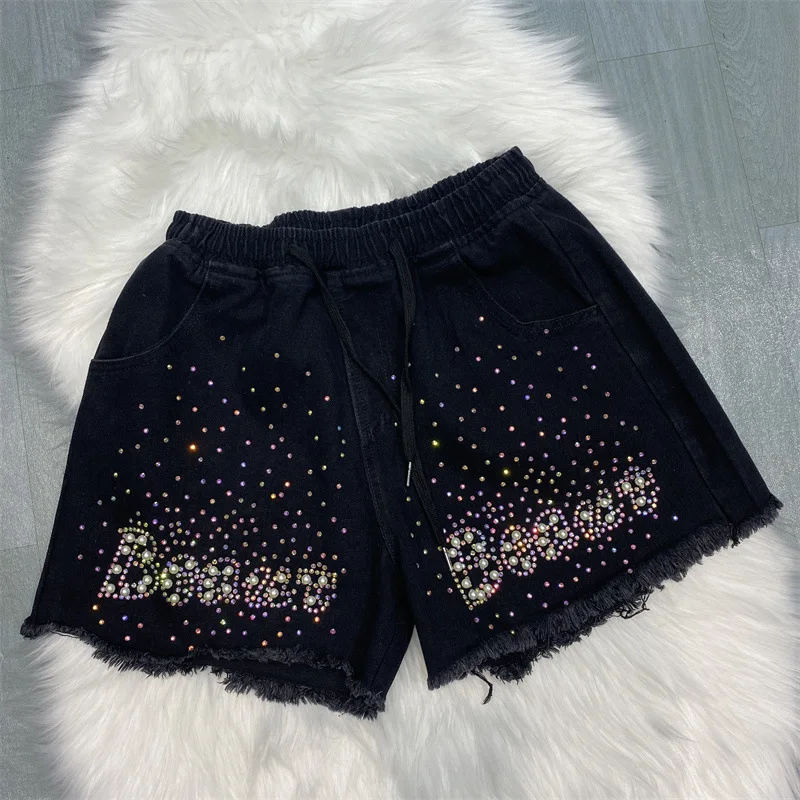 Women Pearls Diamonds Beads Denim Shorts Rhinestones Cowboy Short Pants Summer Elastic Waist A-line Wide Legs Crystal Jeans Pant