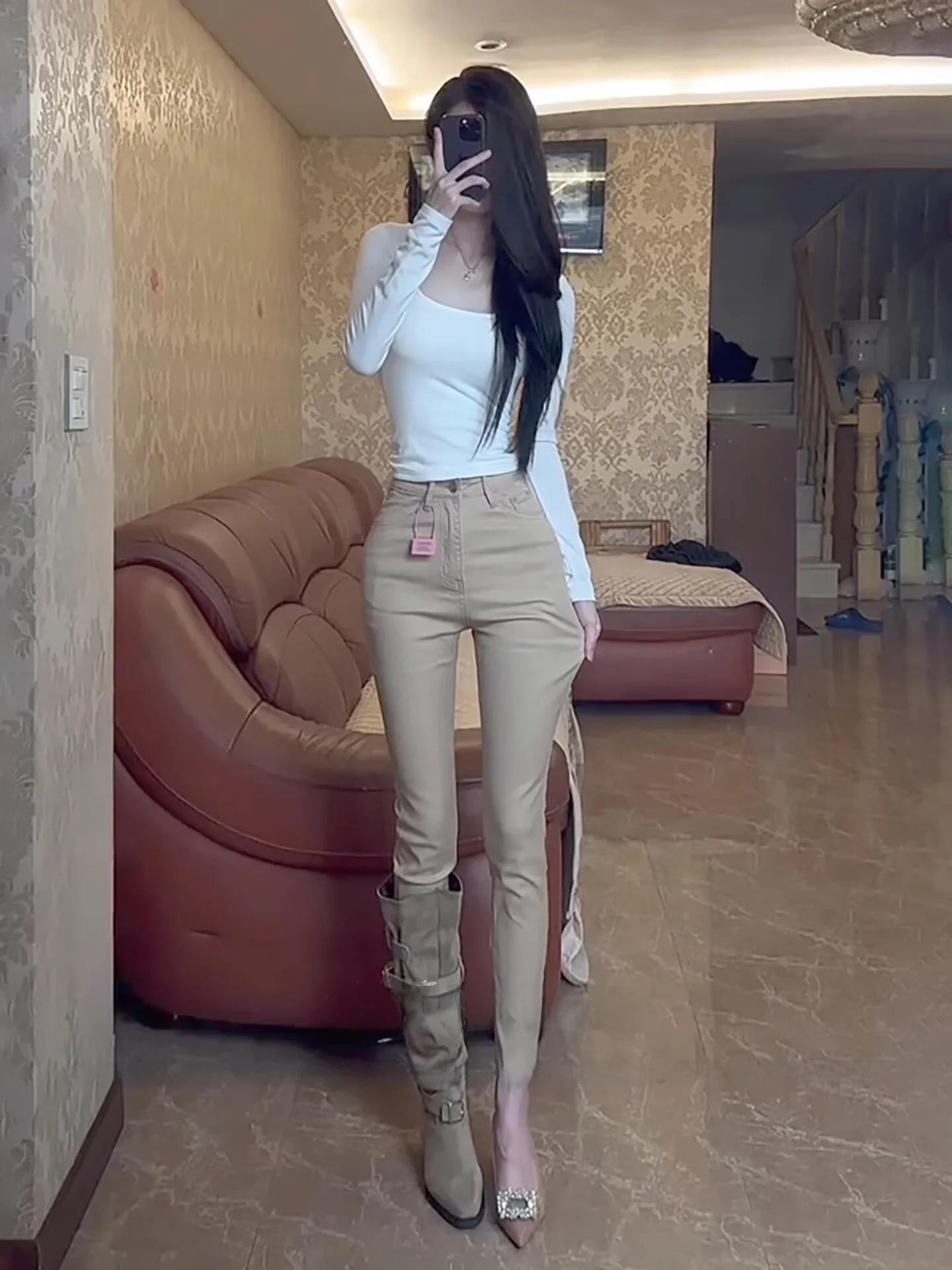 

Женские джинсы с высокой талией, эластичные, облегающие, цвета хаки, осенние, базовые, универсальные, укороченные, с эффектом увеличения объема бедер и коррекции фигуры