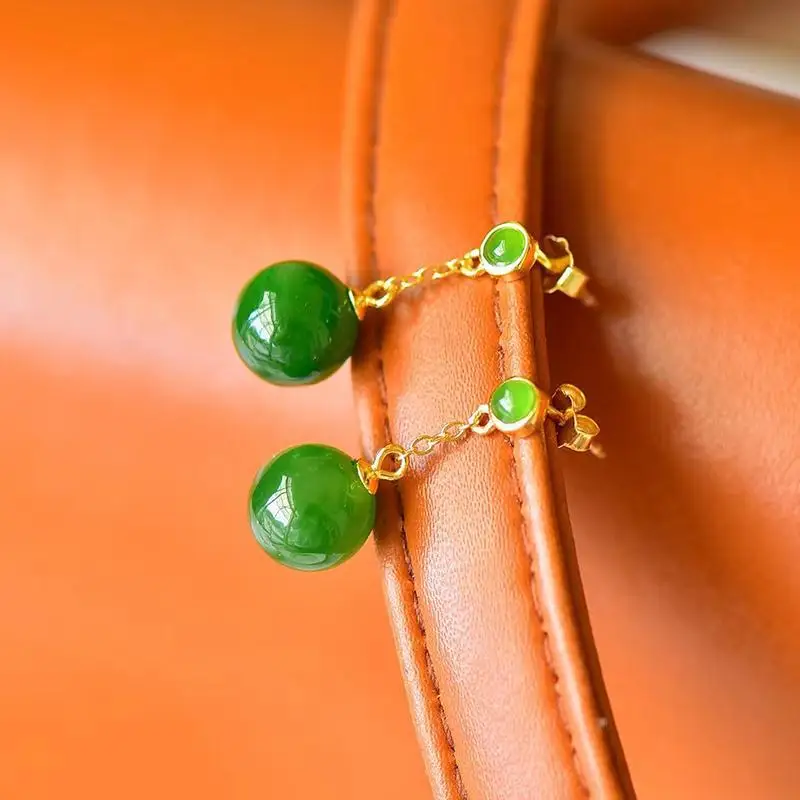 Original Design Silver Inlaid Spinach Green Hetian Jasper Round Beads Women\'s Earrings Simple Chinese Fresh Jewelry