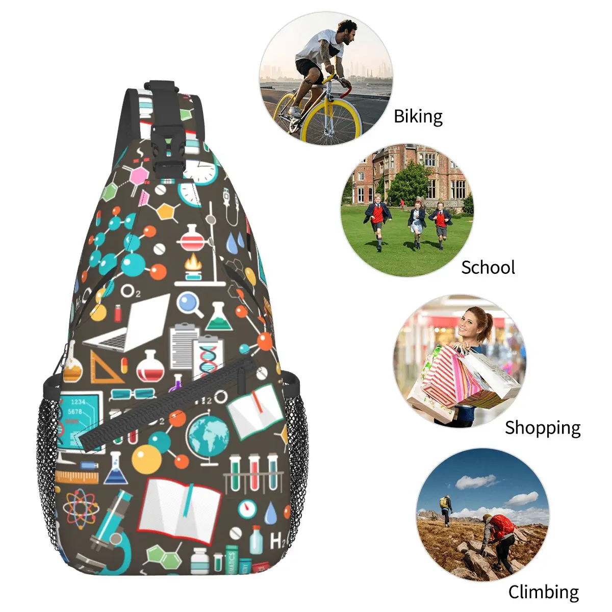 Mochila pequeña De ciencia Química para el pecho, bandolera de hombro para senderismo al aire libre, mochilas escolares informales