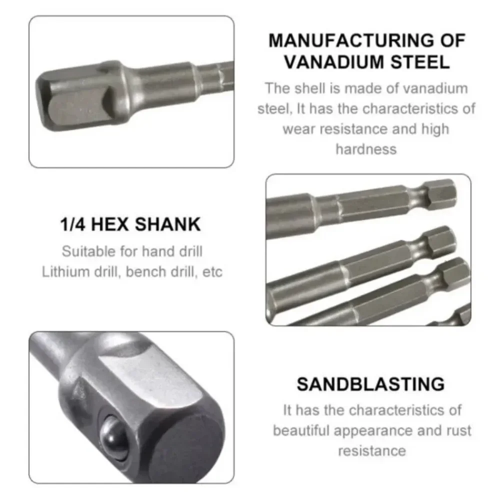

3/8" Chrome Vanadium Steel Socket Adapter - Hex Shank to Extension Drill Bit Set for Power Tools