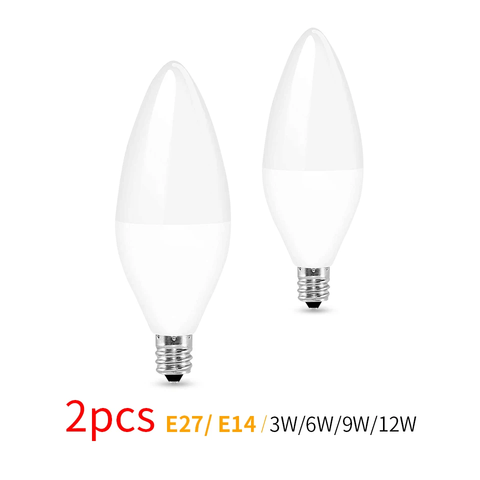 Bombilla Led tipo vela para el hogar, foco de ahorro de energía de 3W, 6W, 9W, 12W, 220 SMD, E14, E27, 2835 V, 2 piezas