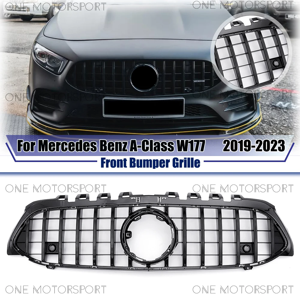 

Для Mercedes Benz A-Class W177 19-23 A200 A220 A250 A35 AMG без отверстия для камеры 360, глянцевая черная решетка гоночного бампера в стиле GTR
