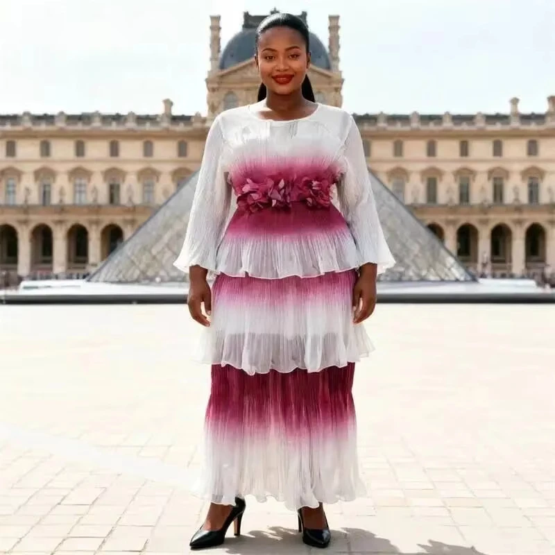 ANLAN Colorblock Gradient Women's Pleated Dress Patchwork Design Fashion Light Luxury Ruffled Tiered Dresses 2026 Summer New