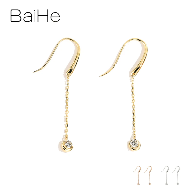 BAIHE Solid 18K Yellow Gold H/SI Natural Diamond Ear Hook Tassel Earrings Women Trendy Fine Jewelry pendientes mujer серьги