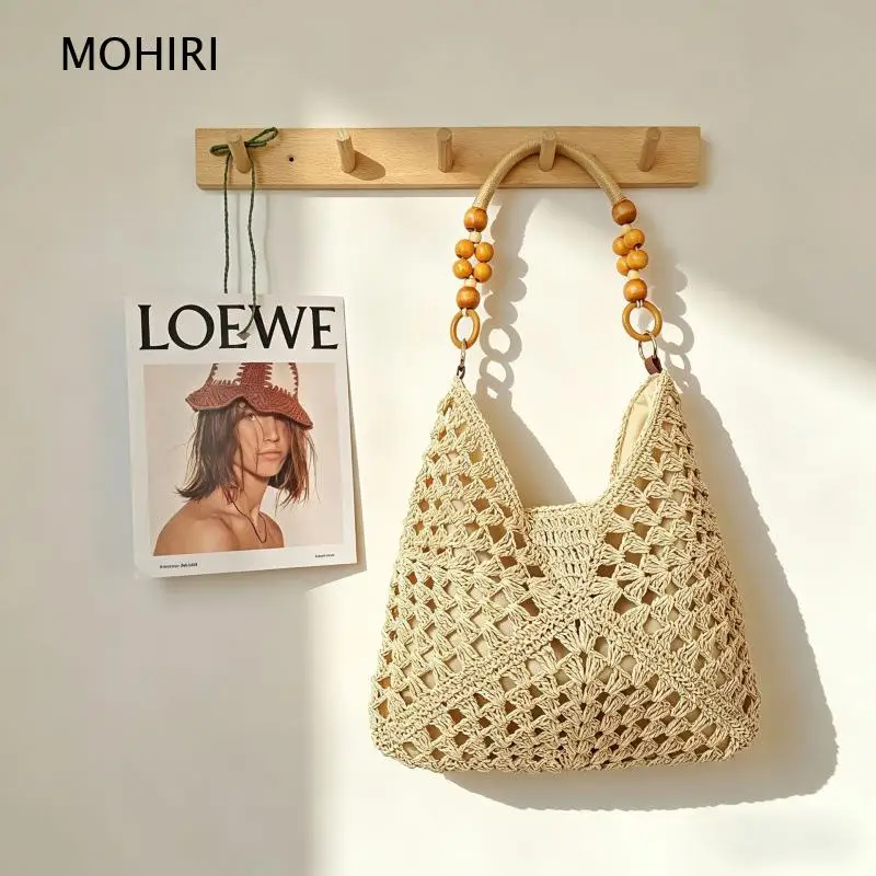 2026 Wooden Bead Handle Straw Hobo Bag Crochet Woven Shoulder Bag Beach Vacation Purse