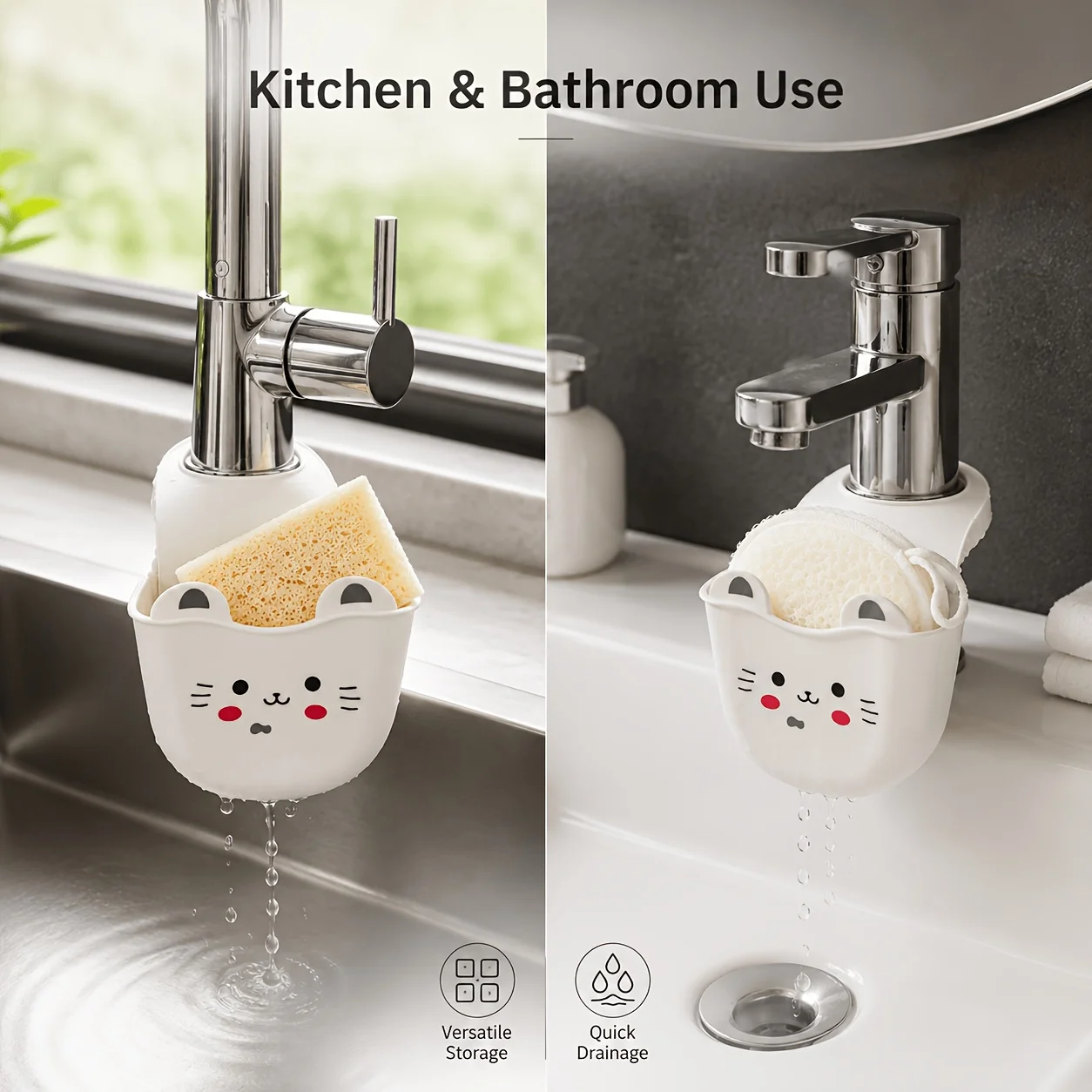 1Pc Cute Cat Silicone Faucet Caddy with Drain Hole Sponge Storage Holder Space Saving Organizer for Kitchen Bathroom Decorative