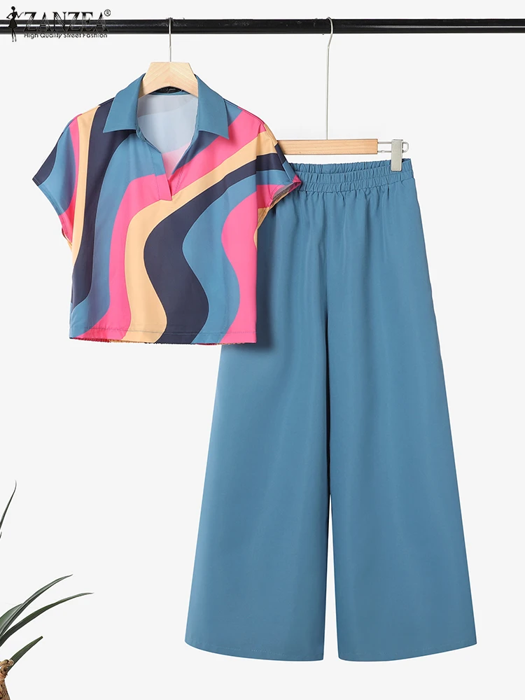 

Women Trousers Suit ZANZEA Summer 2 Pieces Sets 2PCS Outfits Fashion Sleeveless Printed Blouse Pant Sets Casual Work Tracksuits