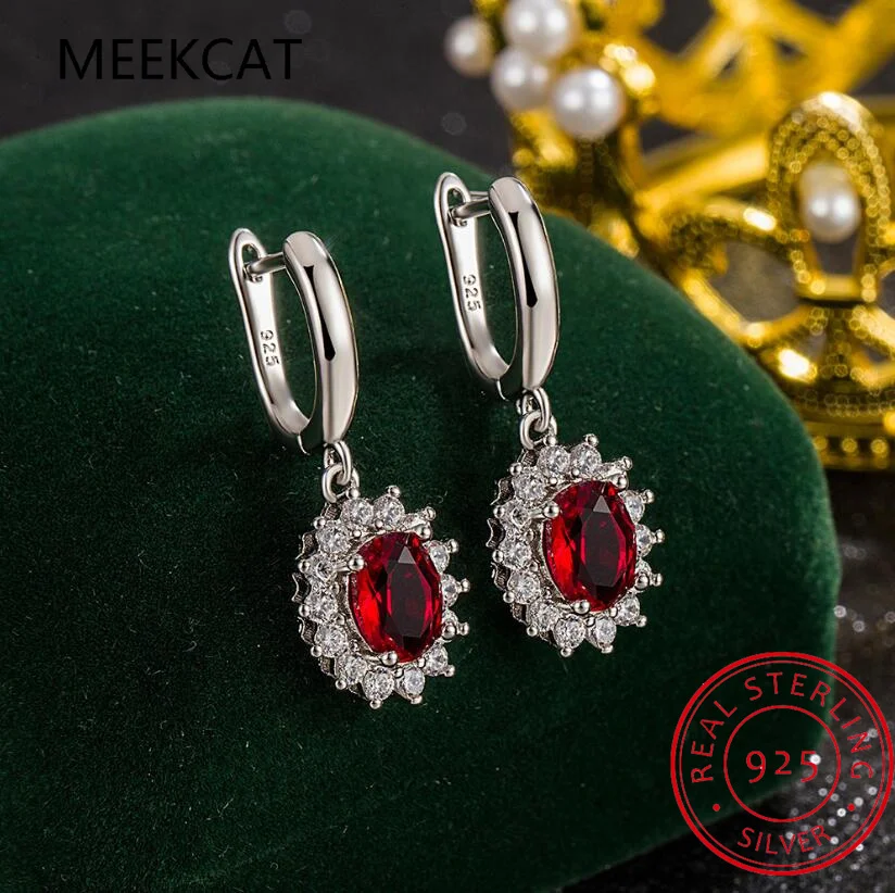 

Овальные серьги-капли с красным рубином 925 пробы, 1,9 карата, серьги-капли принцессы Дианы для женщин, модные ювелирные изделия с драгоценными камнями, подарок на годовщину