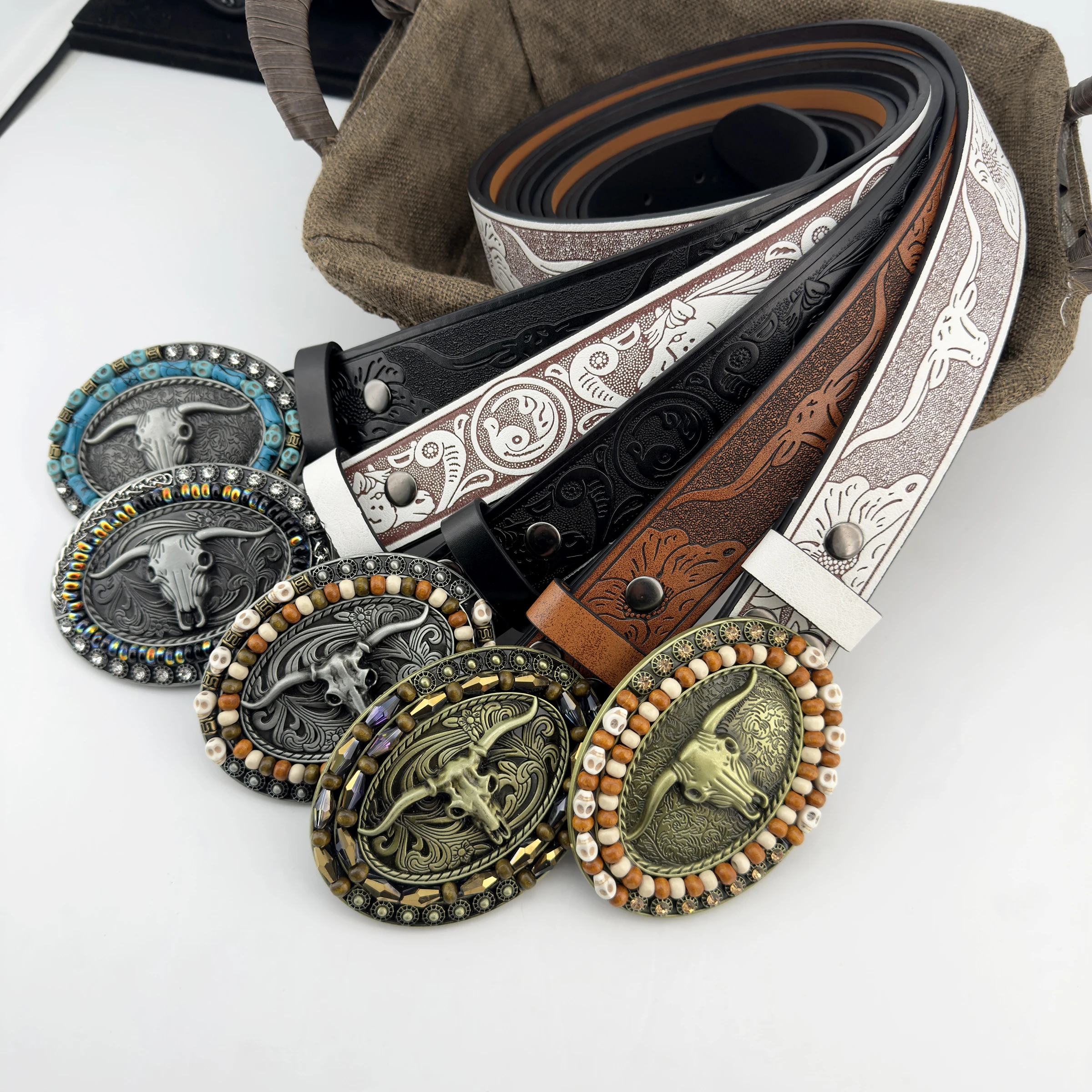 1 Piece of Retro Western Denim PU Embossed Belt, Fashionable and Versatile Street Style Decorative Denim Belt