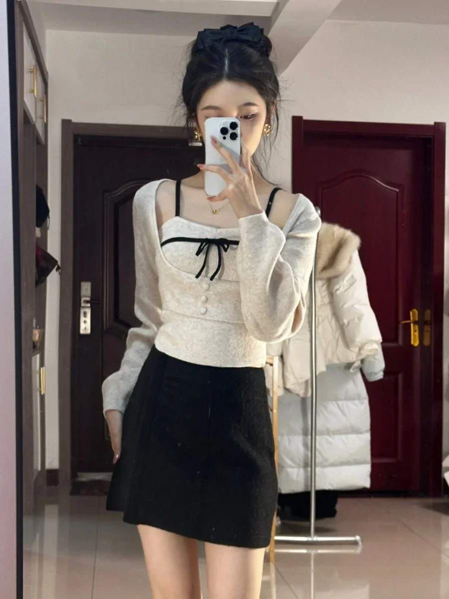 Women T-shirts Long Sleeve  Autumn Layered Basic Tops Patchwork Korean Style Sexy Pure Lust High-end Slim Chic Street Cool Girl