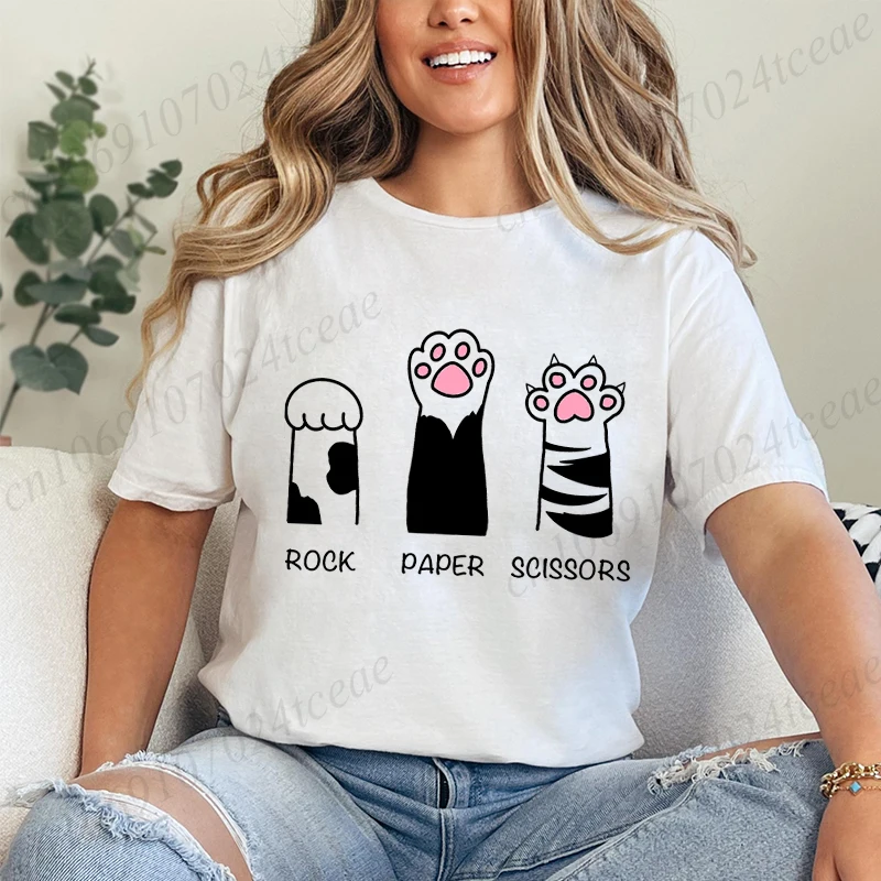 Rock Paper Scissors Tshirt Funny Cat Paw Print T-Shirt Summer Fashion Cat Lover Tshirt Women Men Short Sleeve Tee Shirt Clothing