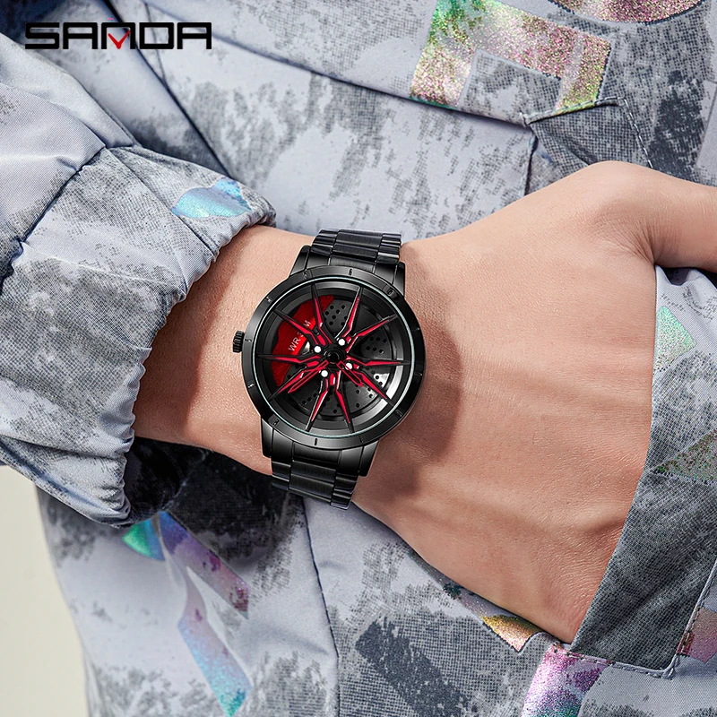 SANDA P1089 New Arrival Car Spinning Rim Hub Custom Design Quartz Watches Waterproof Wheel Watch Volk Racing Rays Wristwatch