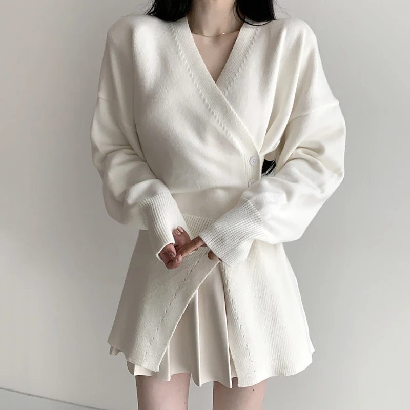

Chic V-Ne Long Sve Knitted Open Cardigan Women's Slim Fit Sweater Cross Side Button Waist Cinching Faionable Commute S...
