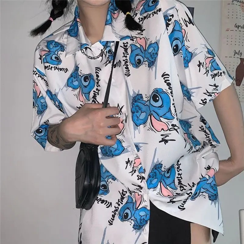 Disney Stitch Dames Shirt Y 2K Veelzijdig Bedrukt Losse Korte Mouw Lilo & Stitch Schattig Casual Revers Knoop Shirt Vrouwen Tops