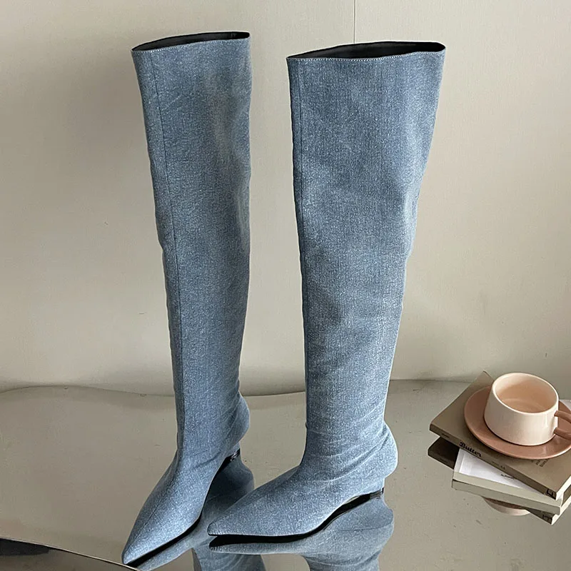 New Female Wedges Shoes Women Long Denim Booties Fashion Pointed Toe Footwear Slip On Ladies Knee High Boots With Wedges Shoes