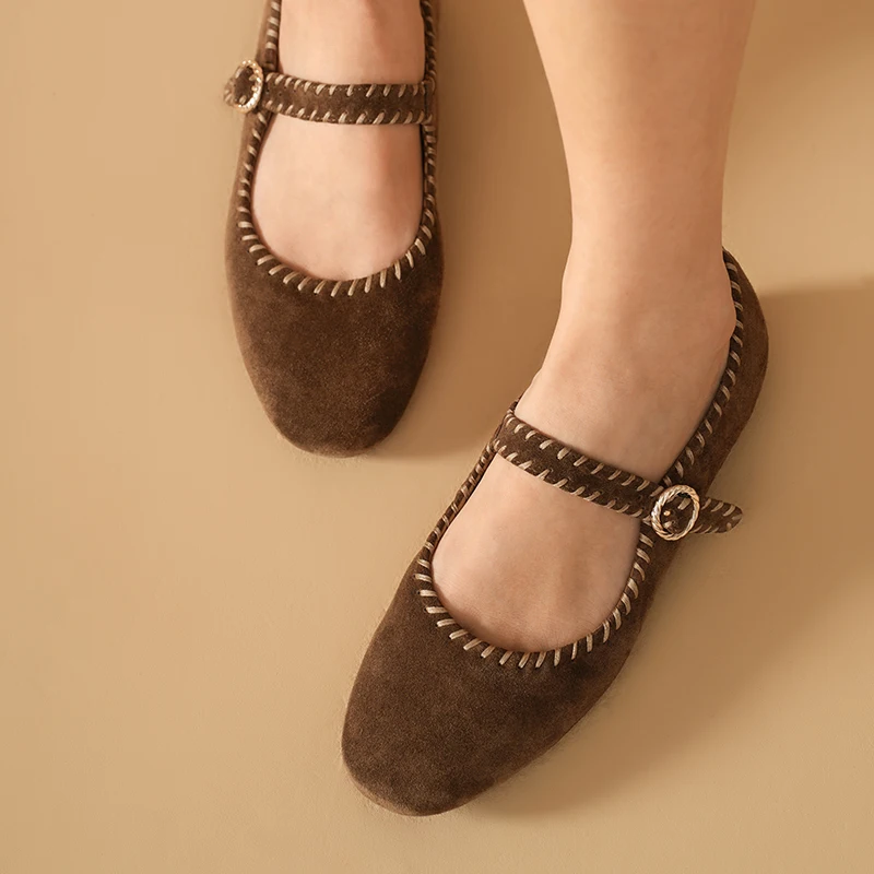 BEAUTODAY Mary Jane Shoes Women Cow Suede Solid Color Round Toe Retro Flats Buckle Strap Ladies Ballet Shoes Handmade 28718