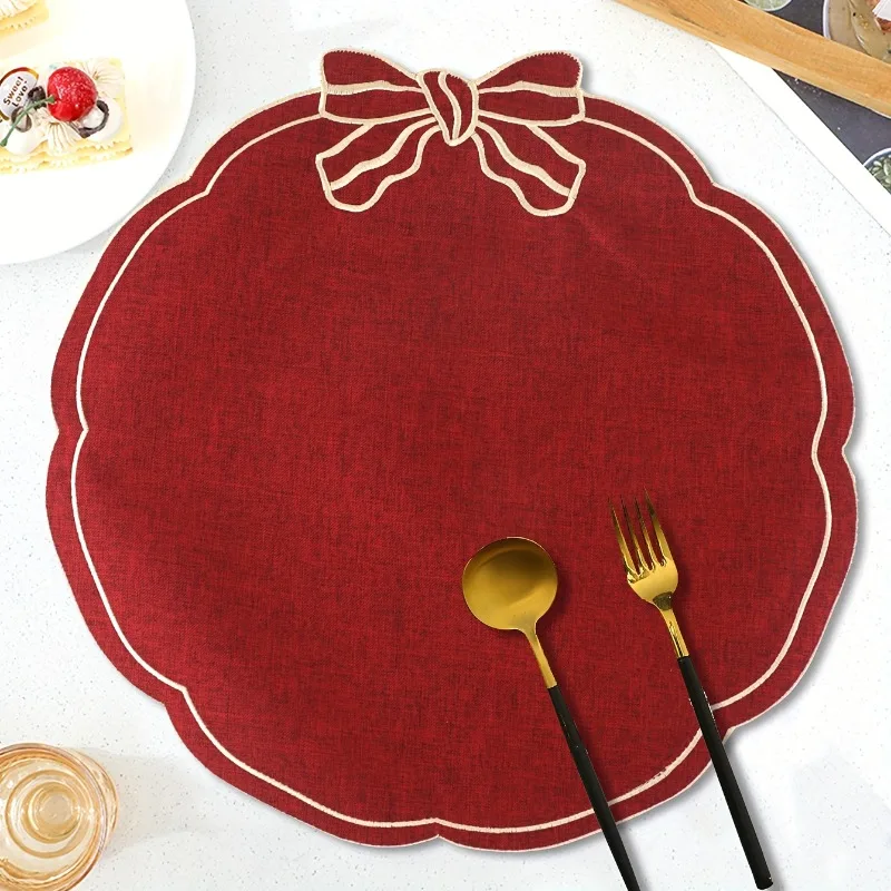 2pcs Christmas Bow Embroidery Placemats Hotel Restaurant Decoration Heat Insulation Pads Anti-Slip Table Mats Western Table Mats