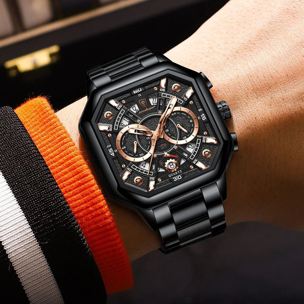 POEDAGAR Luxury Original Men Chronograph Date Man Watch Stainless Steel Quartz Men's Watches Waterproof Luminous Clock Reloj+box