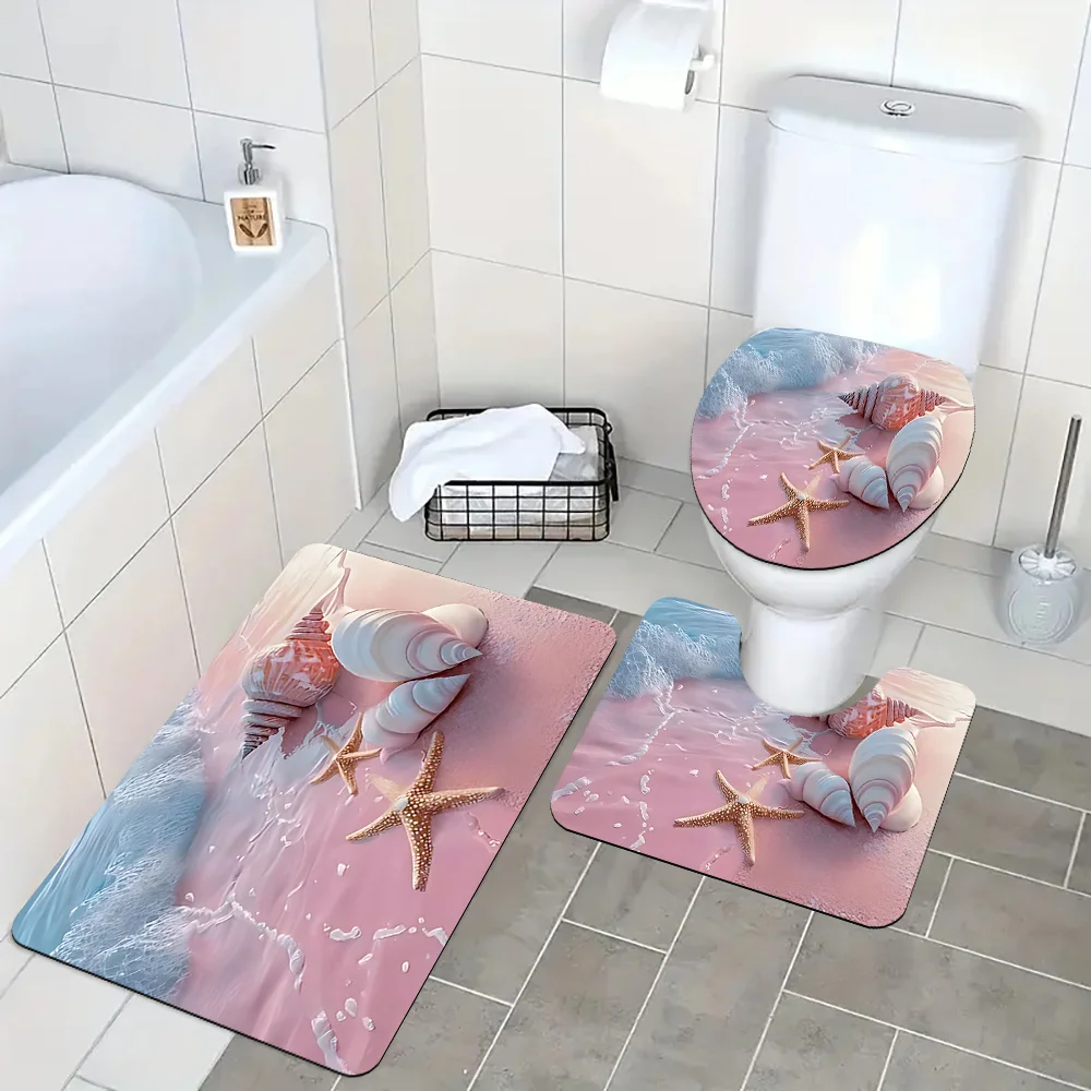 Coastal Beach Bathroom Mat Set Home Decor Sea Shell Bath Rug Toilet Mat Accessories Slippers Nautical Design