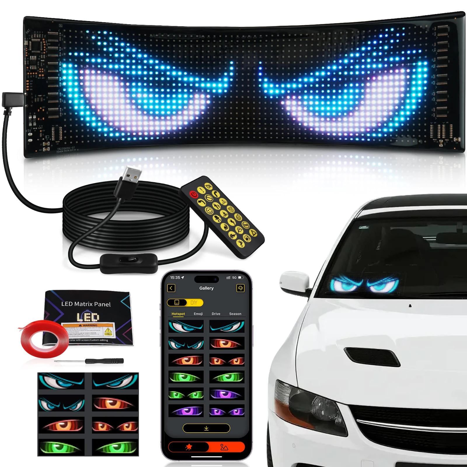 

APP Remote Control Car Truck Devil Eye LED Pixel Panel Light Custom Text Lighting Scrolling Foldable For Board Windshield USB 5V