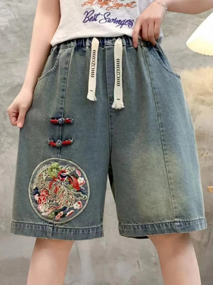 

Женские летние тонкие свободные прямые брюки с вышивкой на пуговицах в стиле ретро, модные брюки с высокой талией, Fi...