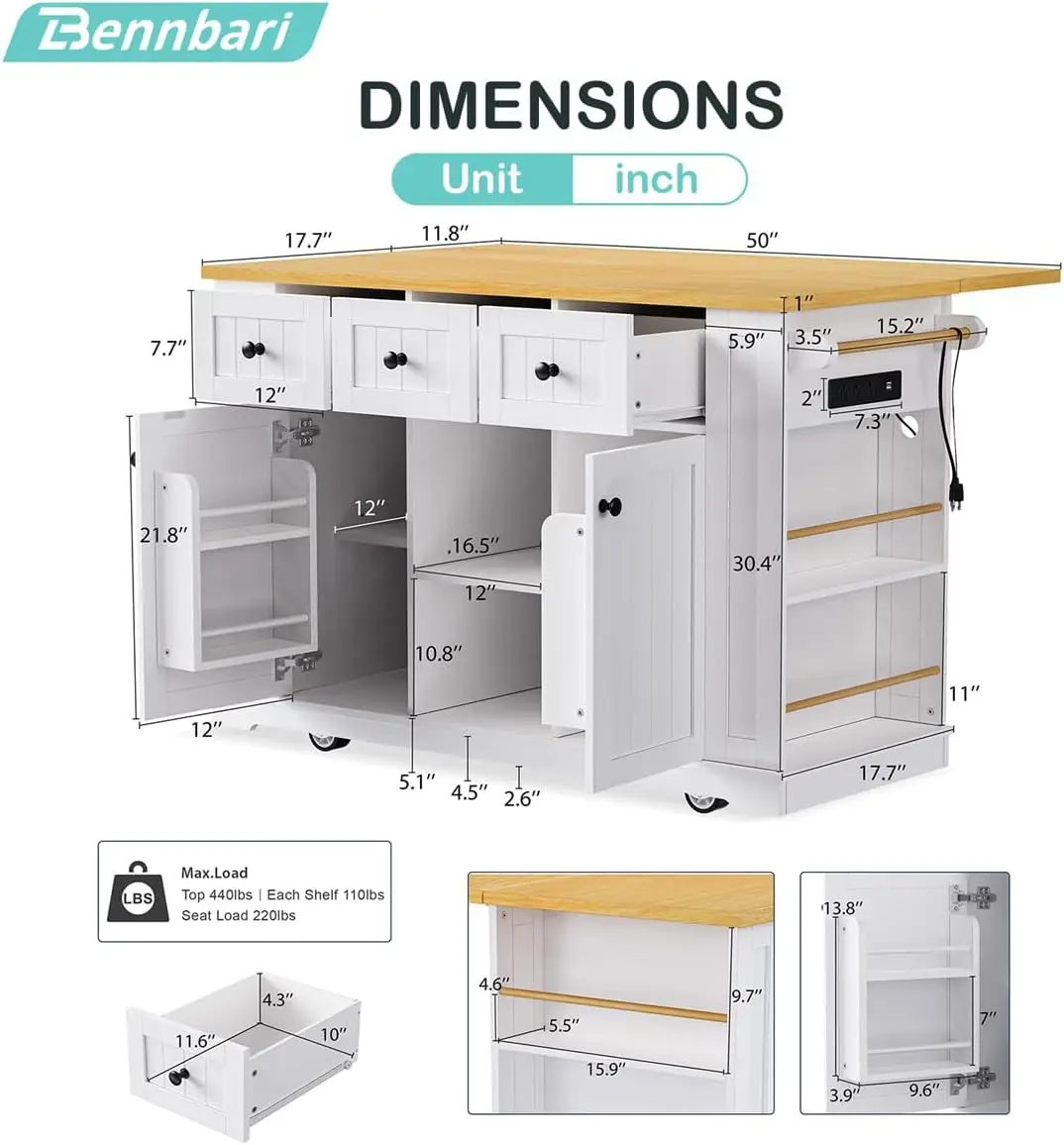 Rolling Kitchen Island with Storage, Kitchen Cart on Wheels with Drop Leaf, Mobile Kitchen Storage Cart with Power Outlet, Open