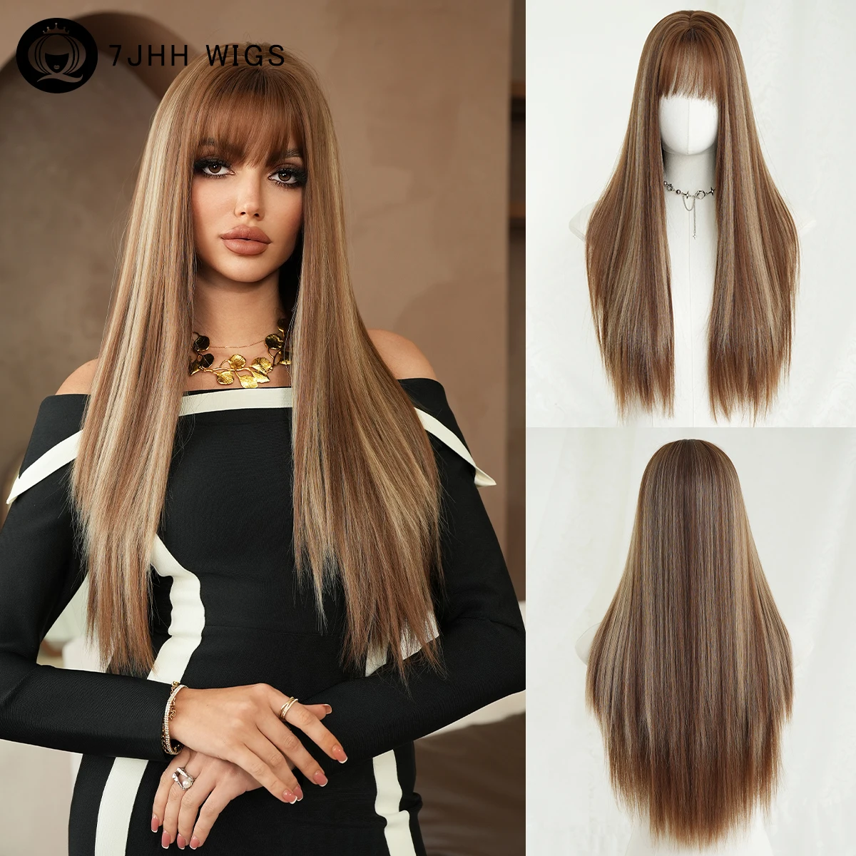 Lange, glatte, braune Perücke mit beige Highlights für Damen, hitzebeständige, modische Schokoladenbraune Kunsthaarperücke mit ordentlichem Pony
