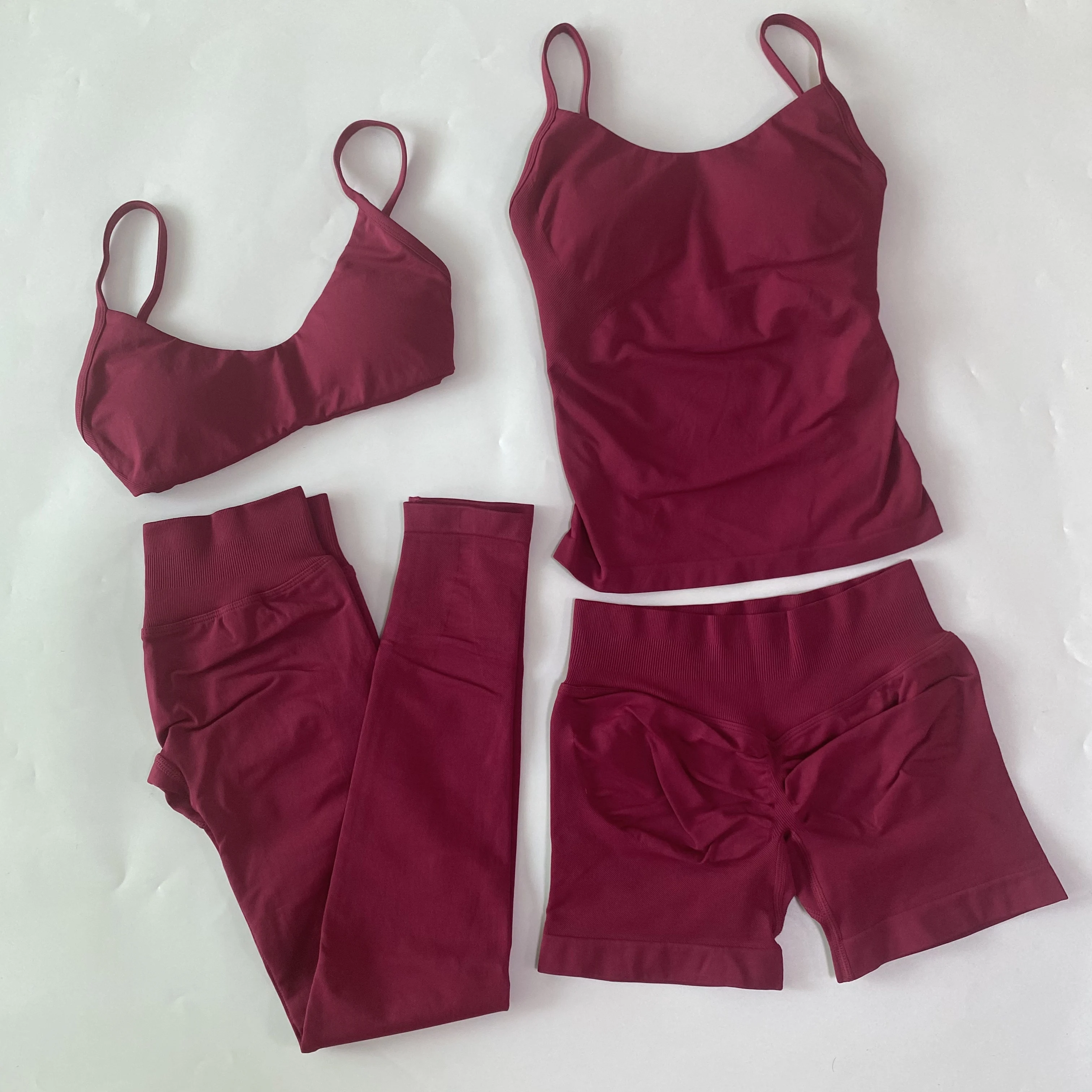 4-teiliges Workout-Set für Damen, Top mit Rundhalsausschnitt, Sport-BH, Fitness-Shorts mit hoher Taille, Yoga-Leggings, Gym-Set, Outfits, Sportbekleidung – Detail 8