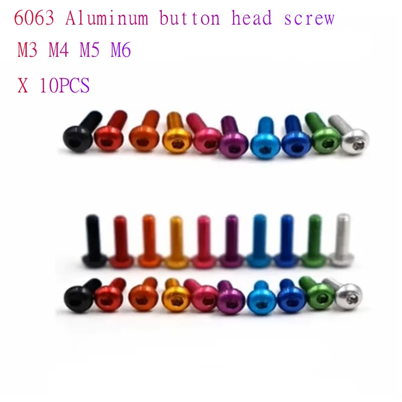 10pcs ISO7380 Aluminum Button Head Screw M3 M4 M5 M6*5/6/8/10/12/16/20/25 Colourful Aluminum Hex Socket Round Head Screw
