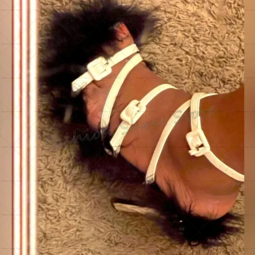 ขนสัตว์สีดําตกแต่งสายรัดข้อเท้ารองเท้าแตะเปิดนิ้วเท้ารองเท้าส้นสูงรองเท้าส้นสูงรองเท้าส้นสูงรองเท้าสําหรับสตรีรองเท้าส้นสูง 2025 ใหม่ Zapatos Para Mujere