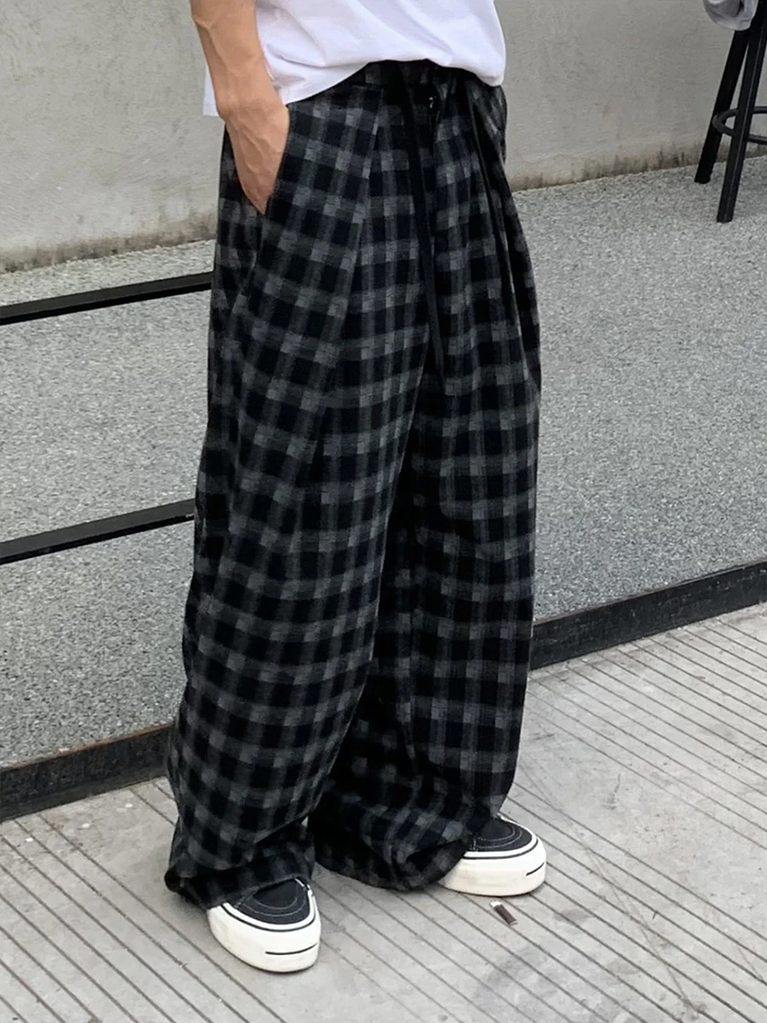 

Retro American Bla White Plaid Men's Autumn Spring Lazy Sle Wide Leg Knife Pants A-Line Drape Straight Casual Trousers