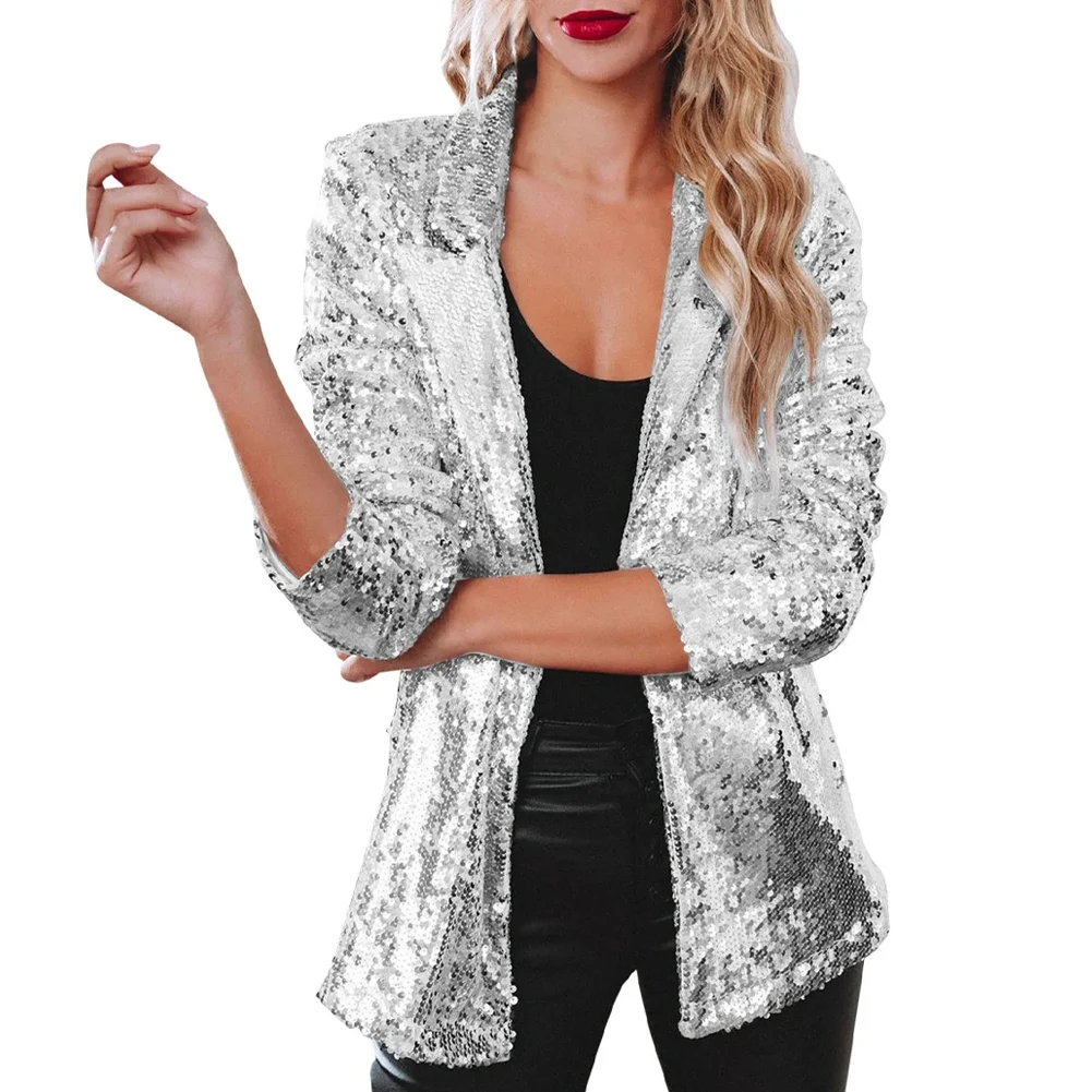 Female Blazer Autumn Winter Lapel Long Sleeve Outerwear Party Sequins Shinny Street Temperament Y2K Casual Coat Inelastic Comfy