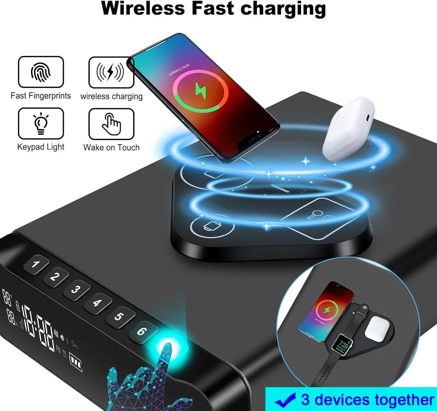 Fingerprint Biometric Gun Safe, Clock Handgun Safe with 3-in-1 Watch & Phone Wireless Charging, Drawer Lock for Hand guns, Cash,