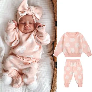 Bebê recém-nascido tricotou roupas, suéter da menina, estampado em flores, pulôver de malha, top, calças, roupa de inverno quente, 0-3T