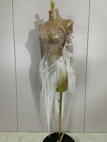 Imagen 2 del producto Vestido transparente sexi con borlas y lentejuelas y perlas brillantes para mujer, traje de noche para fiesta de cumpleaños, club nocturno, baile, cantante