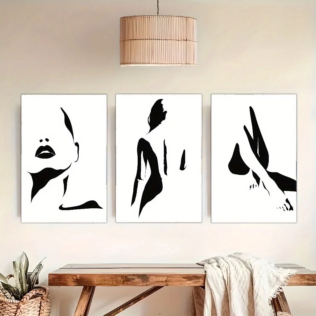 مجموعة ديكورات قماشية بدون إطار مكونة من 3 قطع، فن أنيق لكل زاوية من فن تجريدي منزلي، ملصق أزياء نسائي، C #1