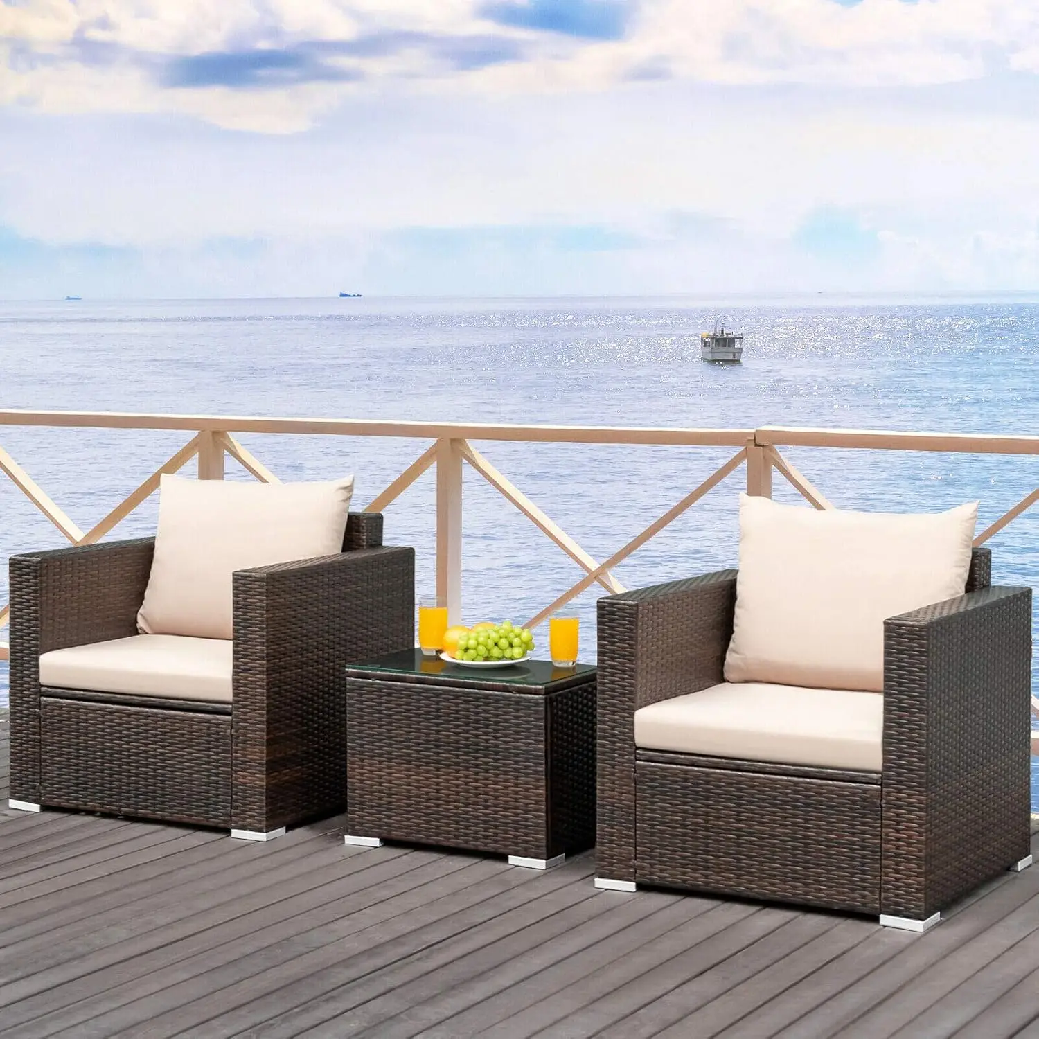 3PCS Patio Furniture Set with Coffee Table Outdoor Rattan Wicker Conversation Sofa Set with Washable Cushions for Garden Poolsid