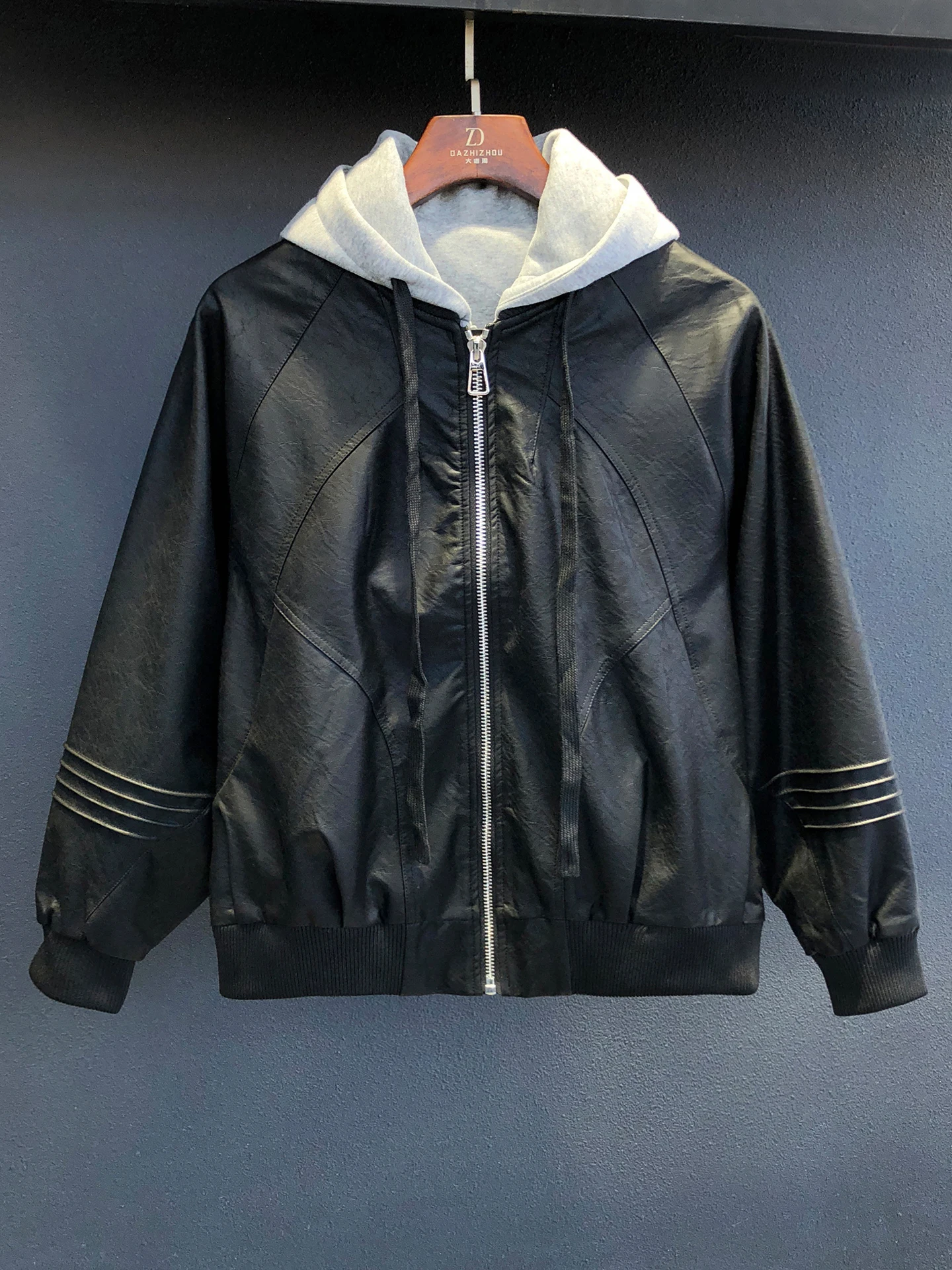 

Men's Leather Jaet Hooded Zipper Color Blo Casual Faion Outerwear PU Leather Polyester Windproof Long Sve