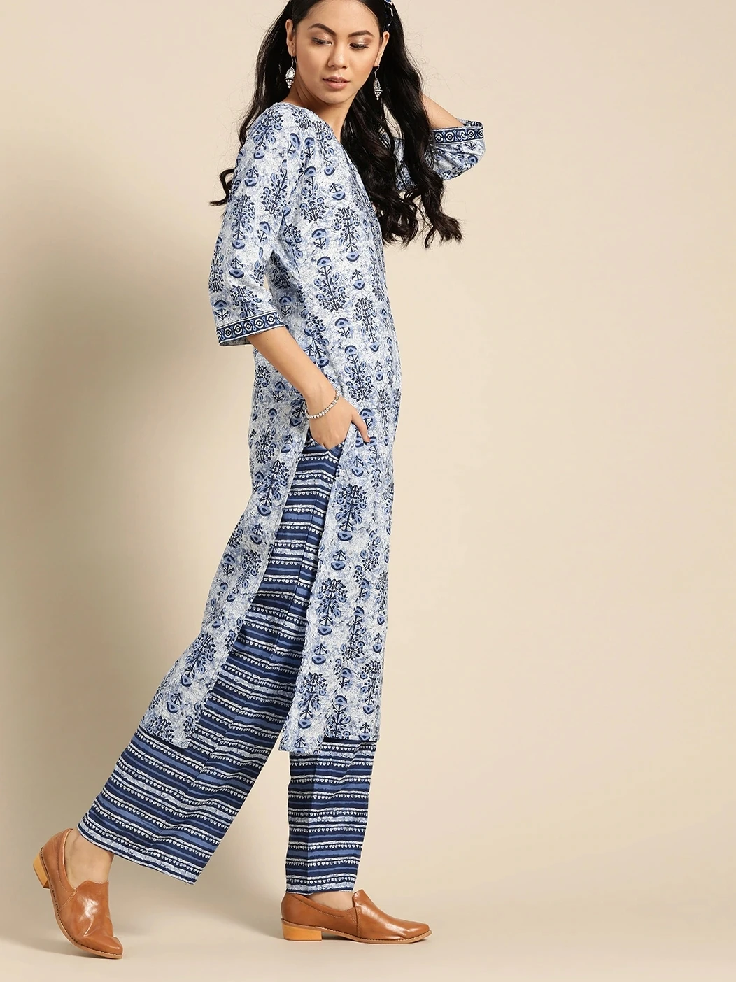 Indian Ethnic Traditional Clothing Women's Set Pure Cotton Printed Covering 2-piece Set Thin Blue Dress Suit Pakistani Clothing