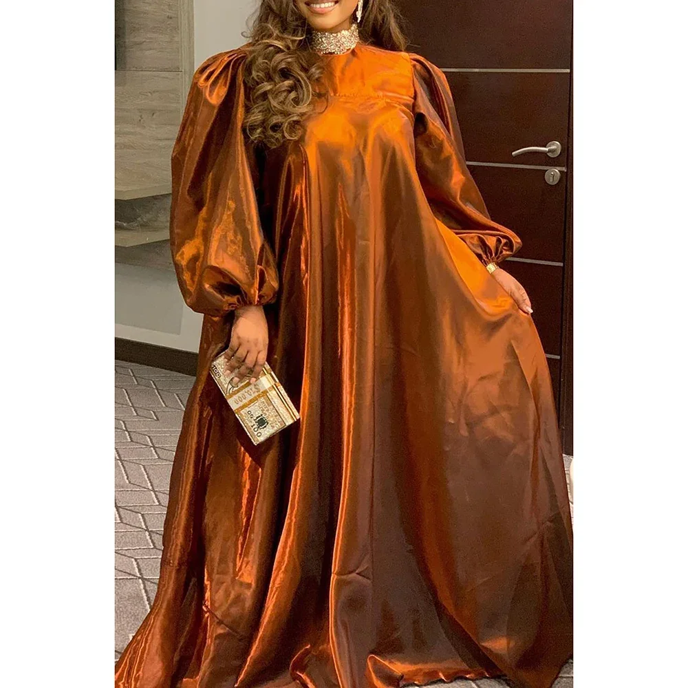 Plus Size Semi Formal Dress Brown Glitter Long Sleeve V Neck Lantern Sleeve Maxi Dress Evening Long Dress