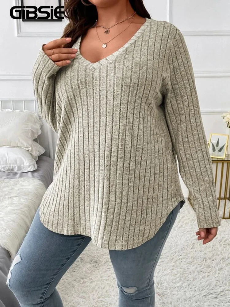 Gibsie plus size feminino casual com decote em v manga longa camisetas camisa 2024 primavera outono moda solta com nervuras malha topos para mulher