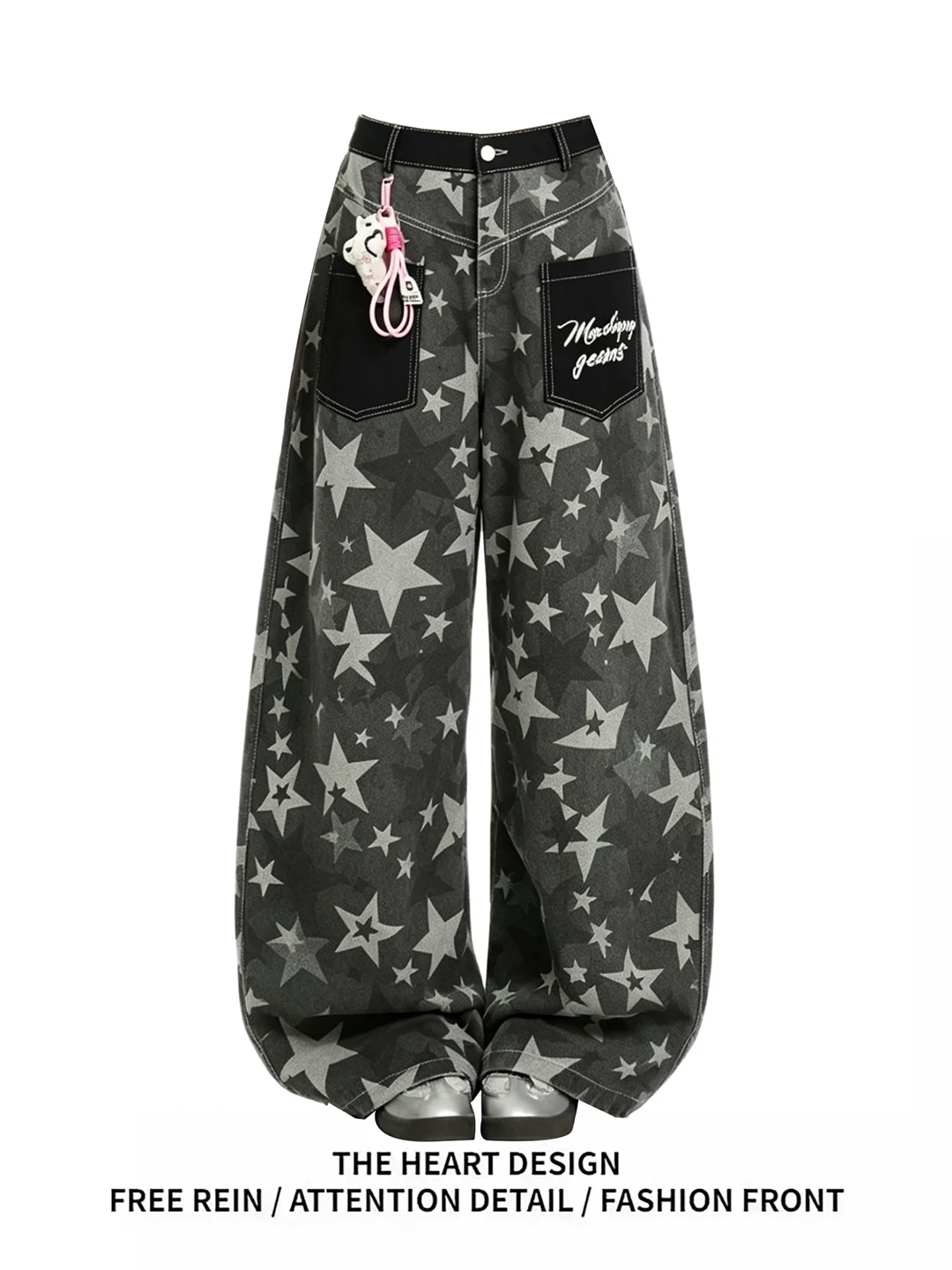 

Retro American Design Distressed Star Print Curved Knife Denim Pants Women's Summer Street Loose Casual Wide Leg Long Trousers